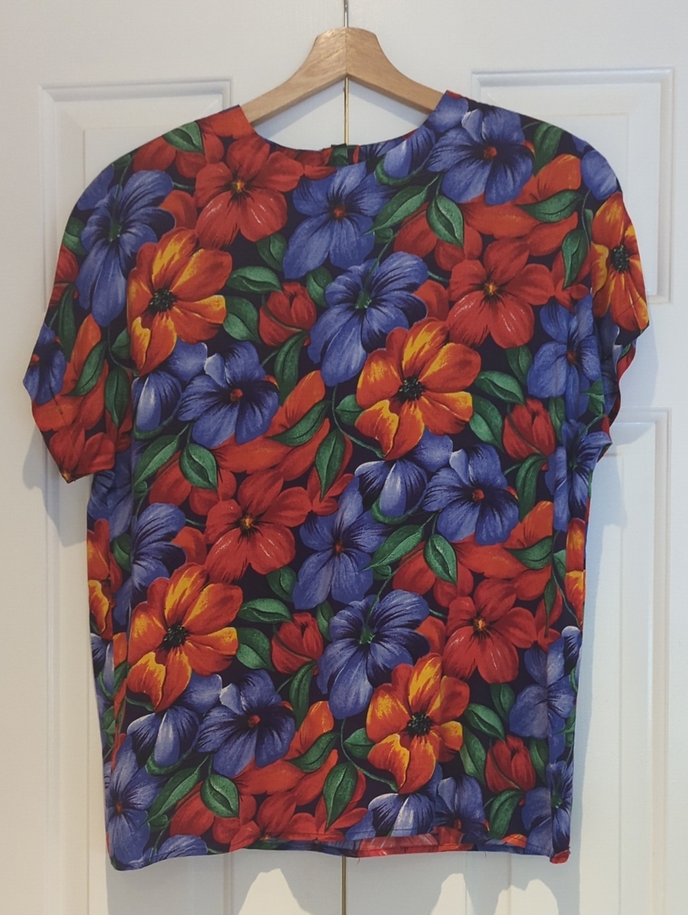 Vintage Coastal Grandma Bright Hawaiian Floral Short-Sleeve Blouse Top Shirt M/L